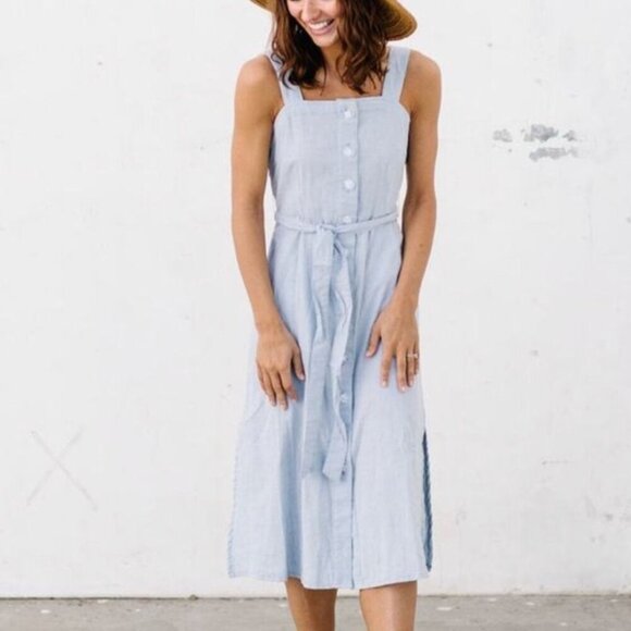 NWT Oat New York Women's Striped‎ SMALL Midi Sundress Button Front Tie Waist - Picture 1 of 14